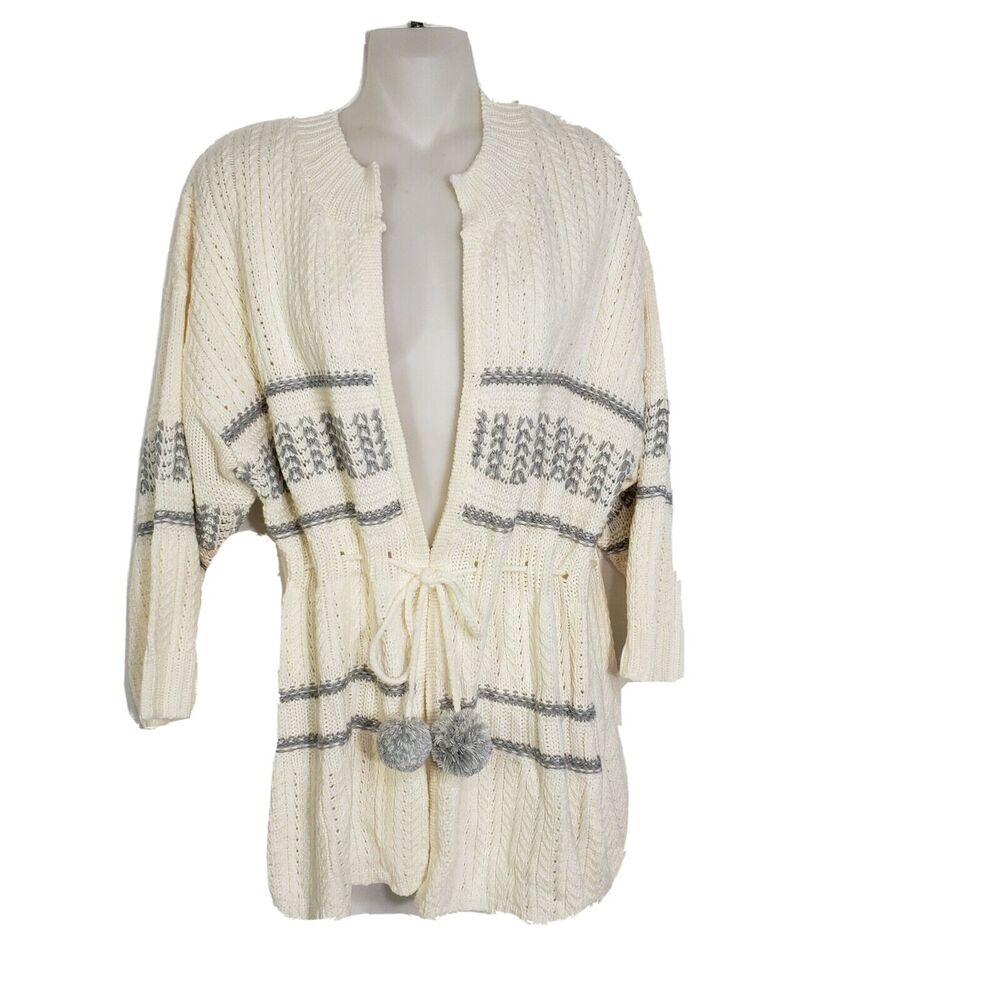 Apostrophe Womens Cardigan Sweater Large Pom Pom Cream Gray Tie Front 3/4 Sleeve